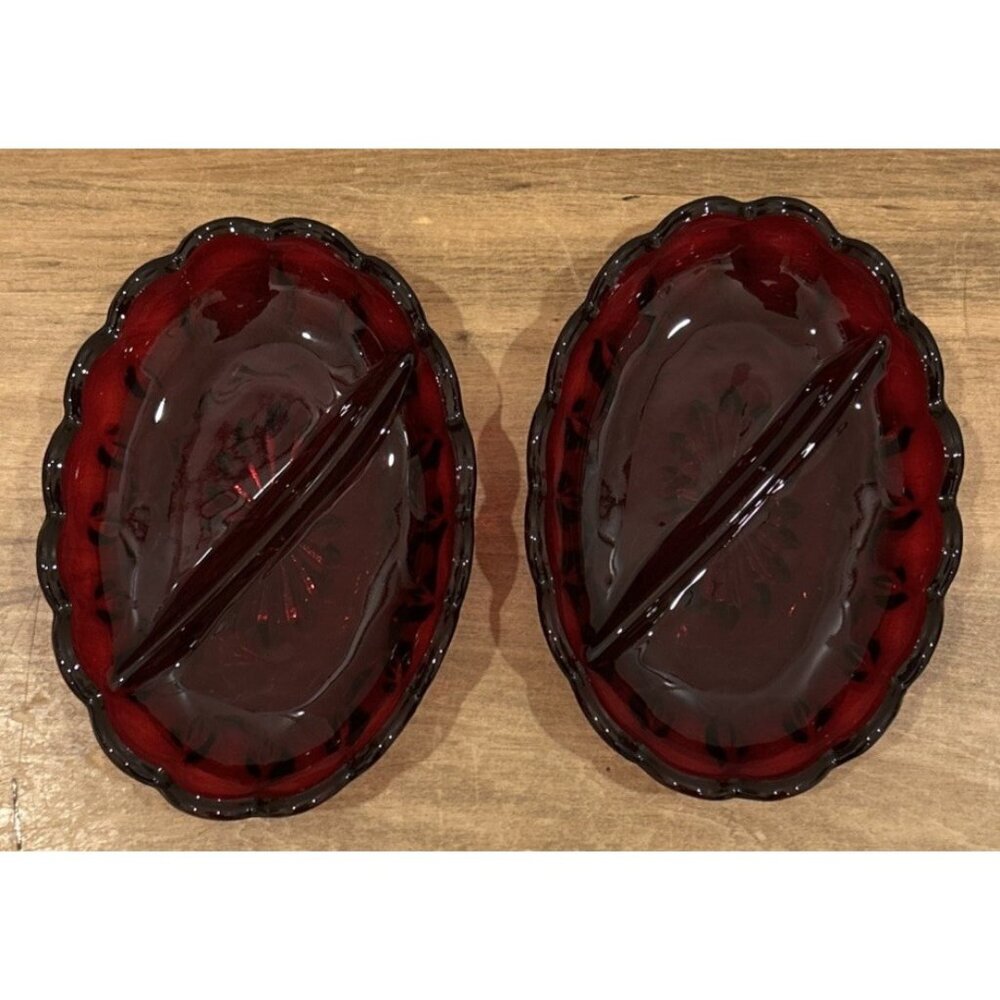 2- Vintage Ruby Glass Fairfield Anchor Hocking Divided Relish Nuts Candy Dishes